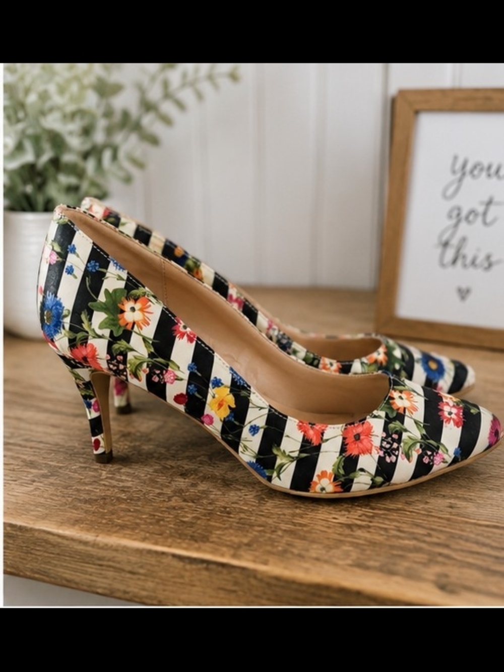 Floral Striped Pump - Black & White with Colorful Flowers